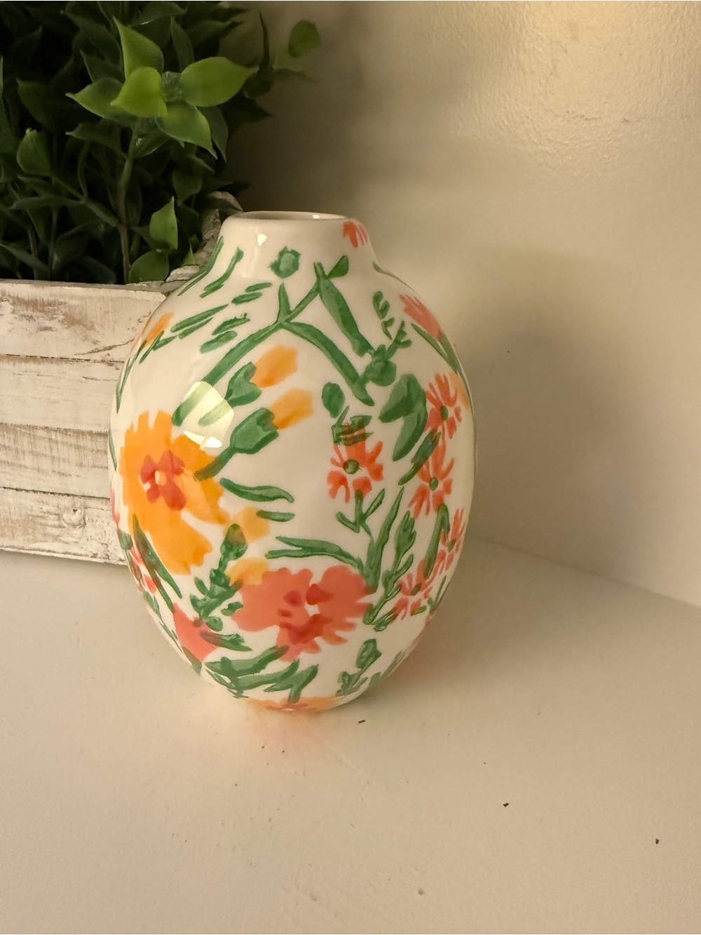 Anthropologie Leah Reena Goren Floral Ceramic Vase Orange Green 6”